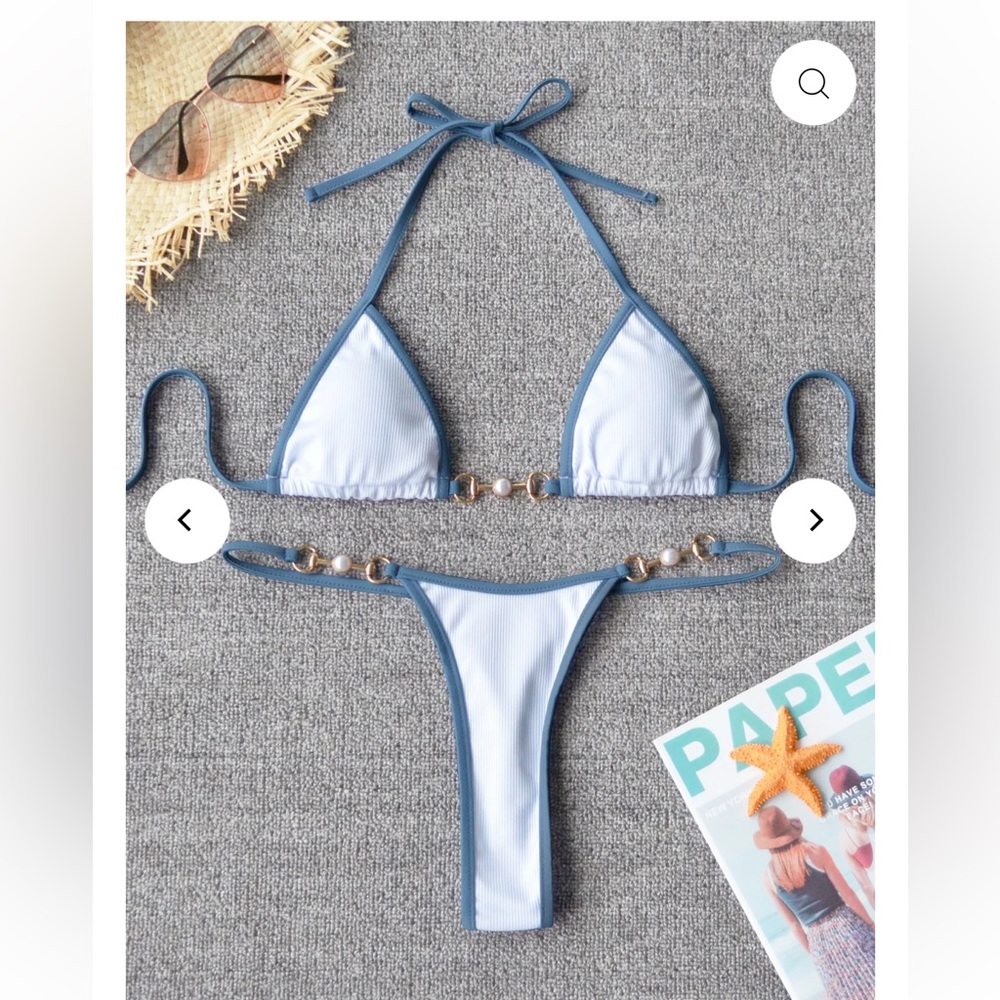 NWT TASHEHE Blue and White Ribbed Thong Bikini - Picture 5 of 16